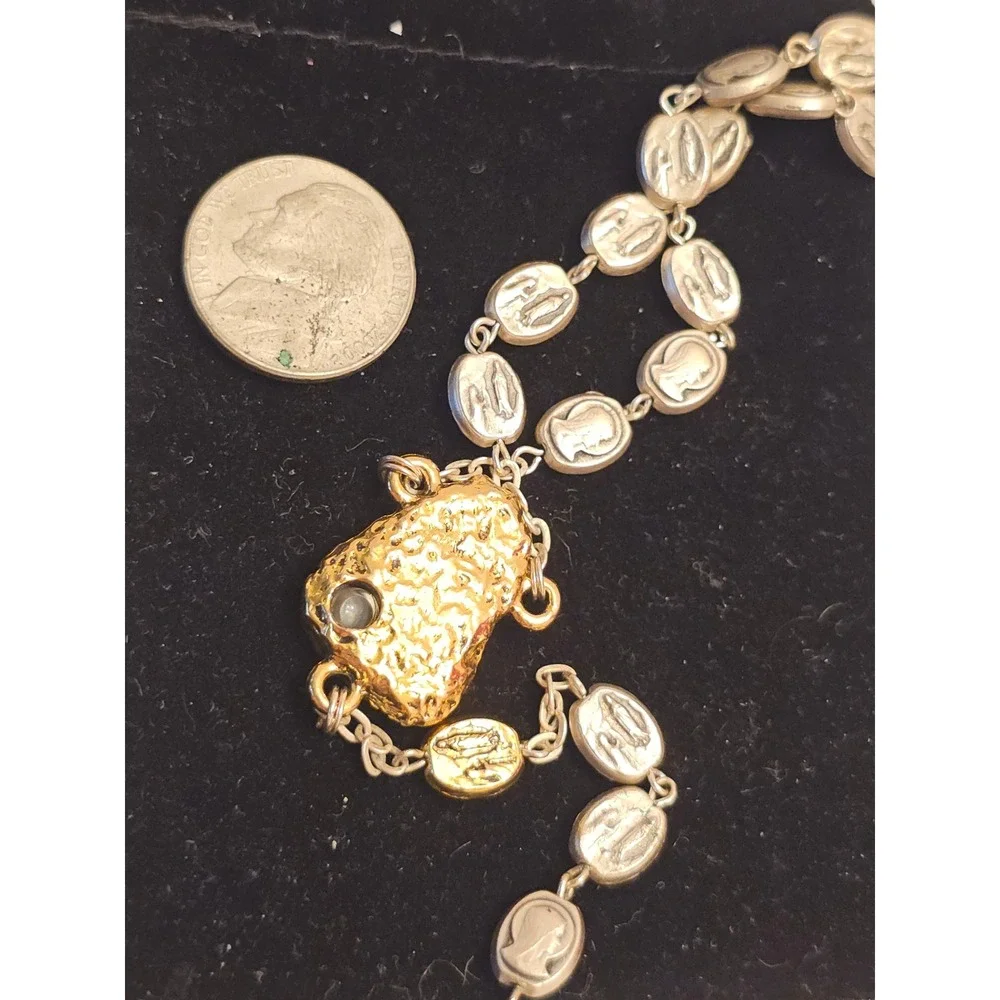 Vintage Ghirelli 2 Tone Religious Rosary Necklace 2003 Lourdes Water Crucifix 22